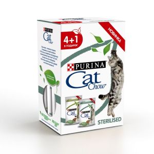 CAT CHOW комплект паучей для кошек STERIL Курица/Ягнёнок (5x85г) 4+1 акция