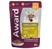 AWARD Hairball & Indoor для выведения шерсти у взрослых домашних кошек кусочки в соусе с уткой 85г