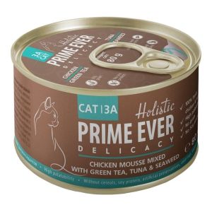 Prime Ever 3A Delicacy Мусс цыпленок с тунцом с зеленым чаем и водорослями влажный корм для кошек жестяная банка 0,08 кг