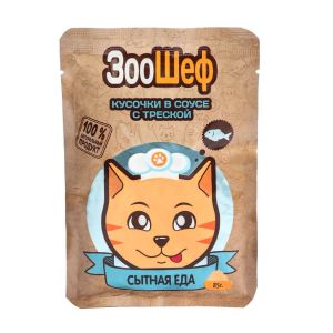 Корм для кошек кусочки в соусе с треской «ЗооШеф» 85 г