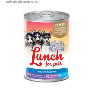 Lucky pets lunch for pet конс 400г д/щен кусочки в ЖЕЛЕ Мясное ассорти